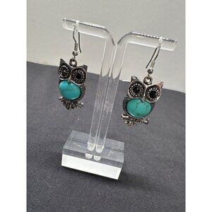 Owl Dangle Earrings Faux Turquoise Stone Silver-Tone Metal Design Lightweight &